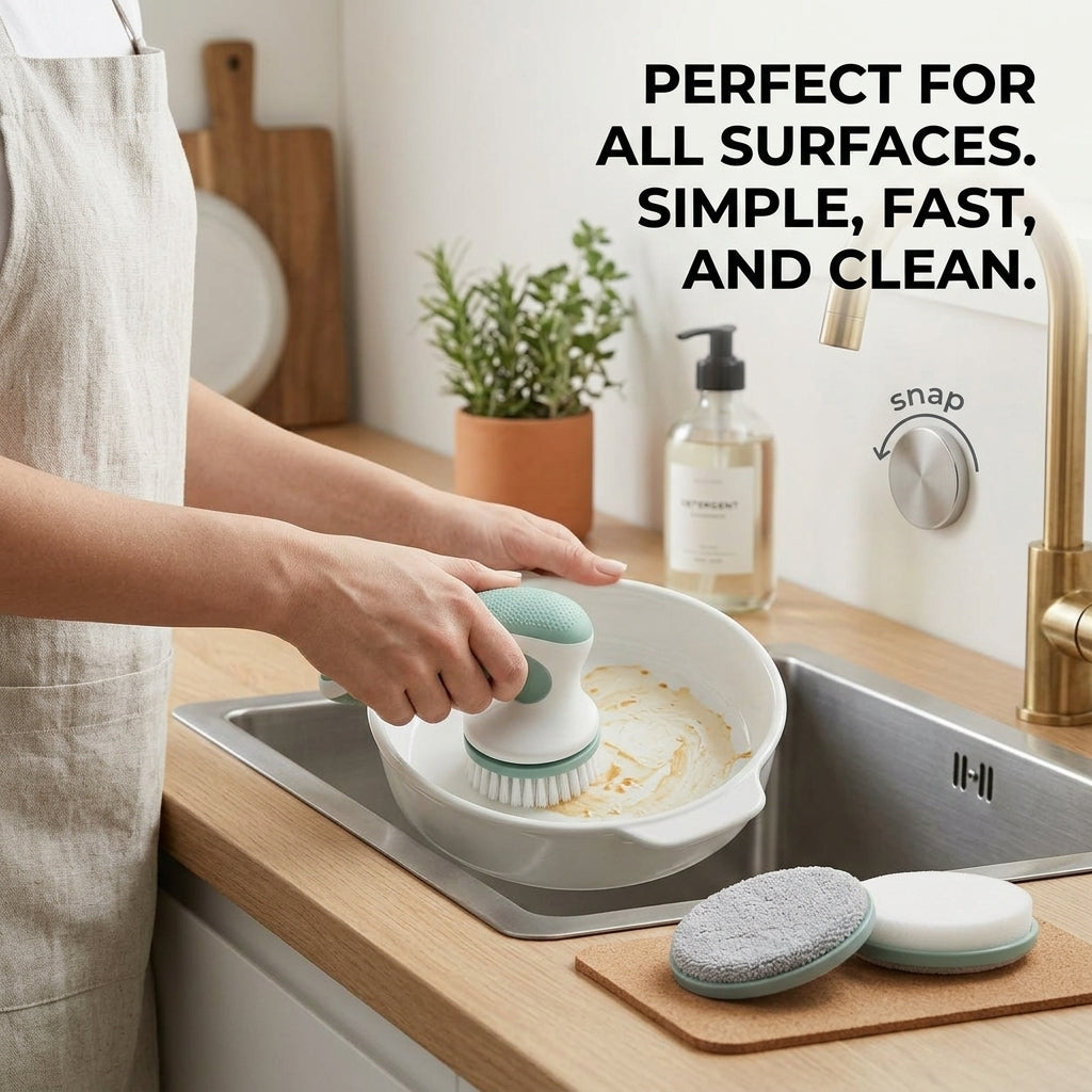 EbnznSm™ Magnetic Scrubber Brush with Swappable Heads, Snap-On Dish Cleaning Brush & Scouring Pad Set, Compact Kitchen Sink Scrubber for Dishes, Pots, Pans, Countertops, Tile & Bathroom Cleaning