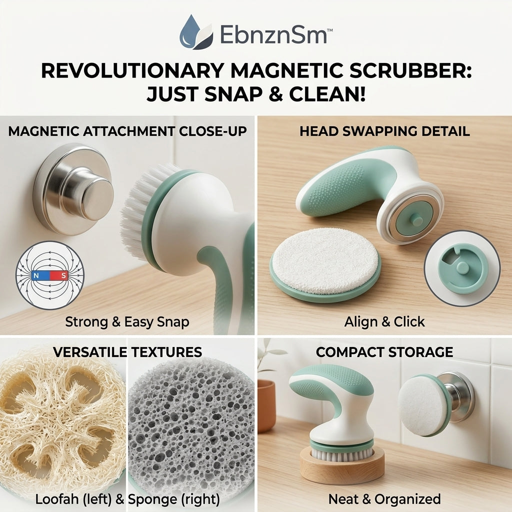 EbnznSm™ Magnetic Scrubber Brush with Swappable Heads, Snap-On Dish Cleaning Brush & Scouring Pad Set, Compact Kitchen Sink Scrubber for Dishes, Pots, Pans, Countertops, Tile & Bathroom Cleaning