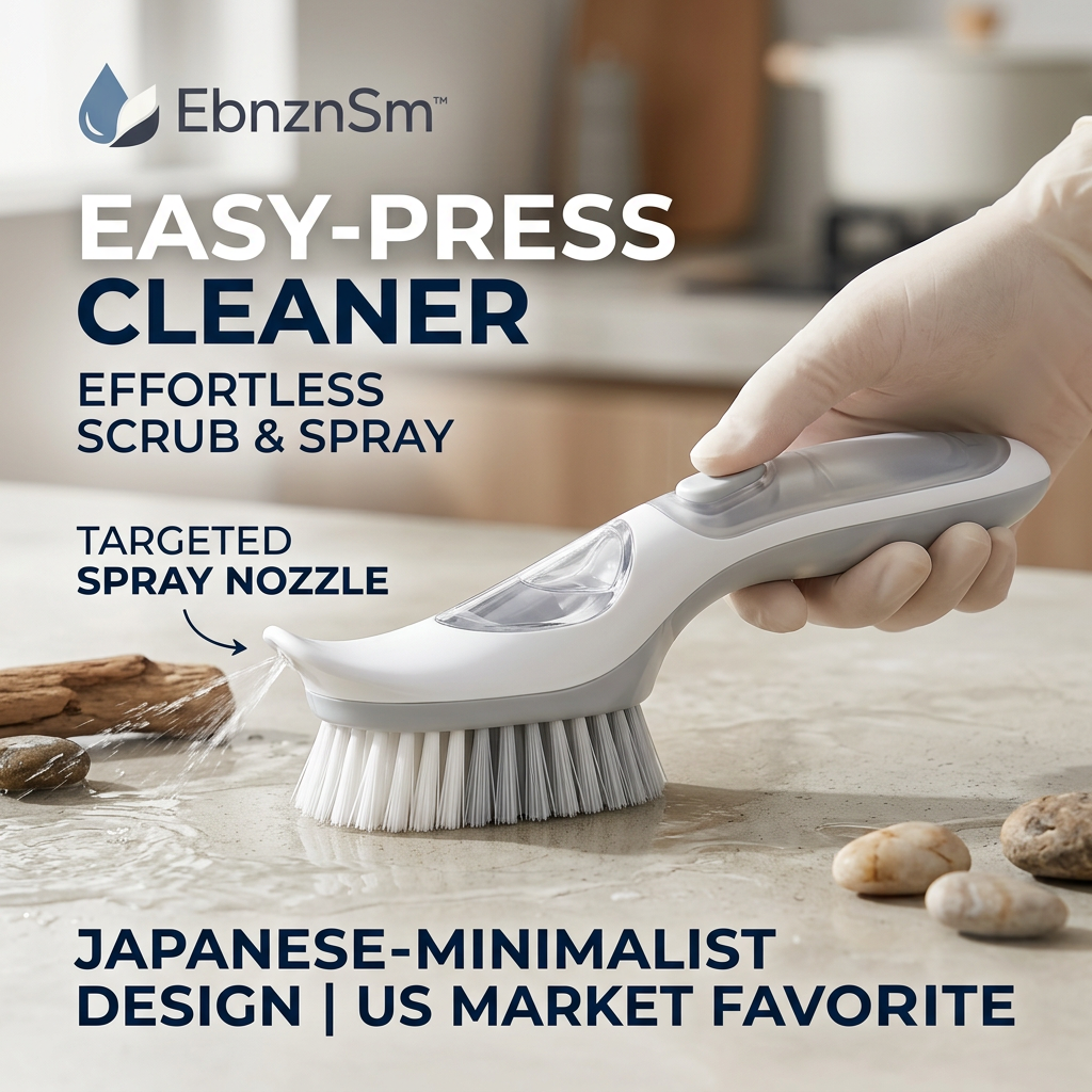 EbnznSm™ Easy-Press Spray Scrub Brush, Refillable Cleaning Brush with Targeted Spray Nozzle, Handheld Scrubber for Kitchen Sink, Countertops, Bathroom Tile, Shower, Grout & Household Surfaces, Japanese-Minimalist Design
