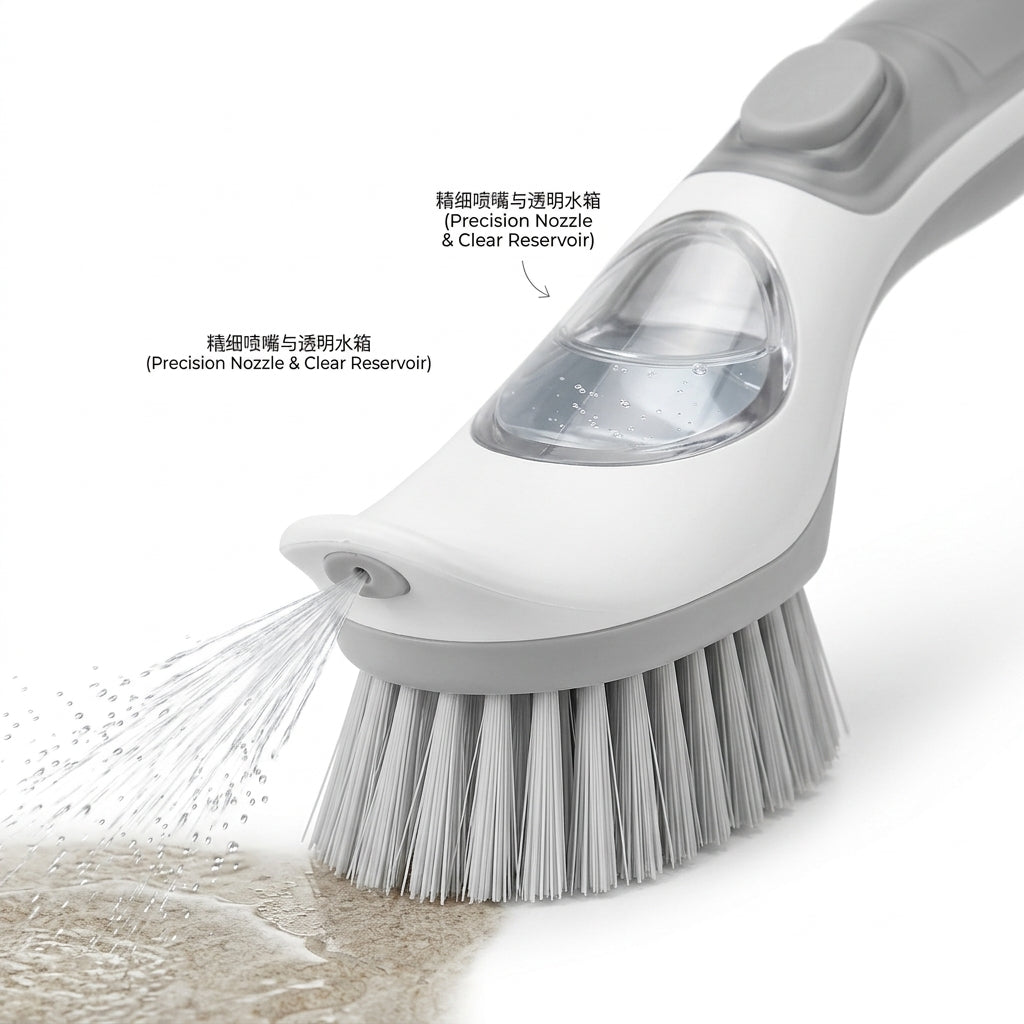 EbnznSm™ Easy-Press Spray Scrub Brush, Refillable Cleaning Brush with Targeted Spray Nozzle, Handheld Scrubber for Kitchen Sink, Countertops, Bathroom Tile, Shower, Grout & Household Surfaces, Japanese-Minimalist Design