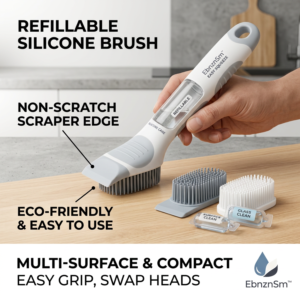 EbnznSm™ Refillable Silicone Dish Brush with Soap Dispenser, Non-Scratch Scraper Edge, Replaceable Brush Heads, Easy-Grip Kitchen Scrub Brush for Dishes, Glass, Sink, Countertops & Cookware