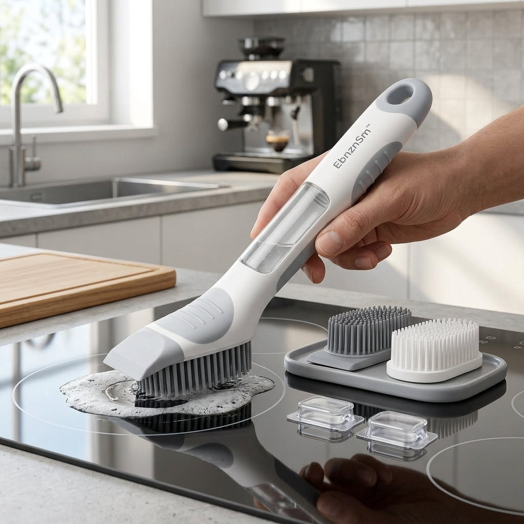 EbnznSm™ Refillable Silicone Dish Brush with Soap Dispenser, Non-Scratch Scraper Edge, Replaceable Brush Heads, Easy-Grip Kitchen Scrub Brush for Dishes, Glass, Sink, Countertops & Cookware
