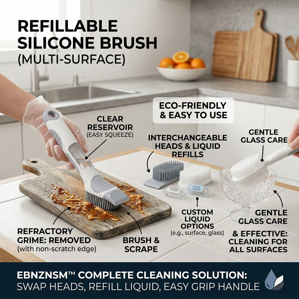 EbnznSm™ Refillable Silicone Dish Brush with Soap Dispenser, Non-Scratch Scraper Edge, Replaceable Brush Heads, Easy-Grip Kitchen Scrub Brush for Dishes, Glass, Sink, Countertops & Cookware