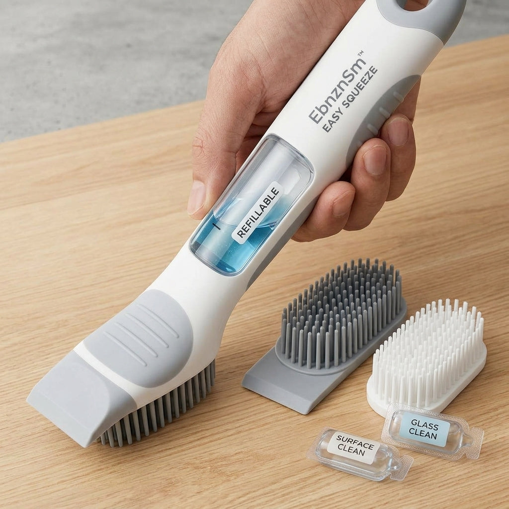 EbnznSm™ Refillable Silicone Dish Brush with Soap Dispenser, Non-Scratch Scraper Edge, Replaceable Brush Heads, Easy-Grip Kitchen Scrub Brush for Dishes, Glass, Sink, Countertops & Cookware