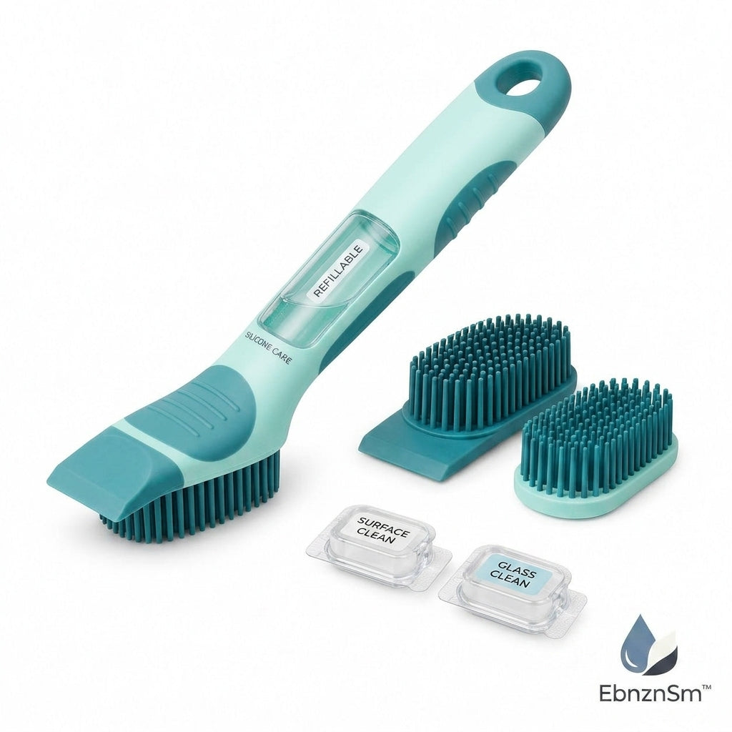 EbnznSm™ Refillable Silicone Dish Brush with Soap Dispenser, Non-Scratch Scraper Edge, Replaceable Brush Heads, Easy-Grip Kitchen Scrub Brush for Dishes, Glass, Sink, Countertops & Cookware