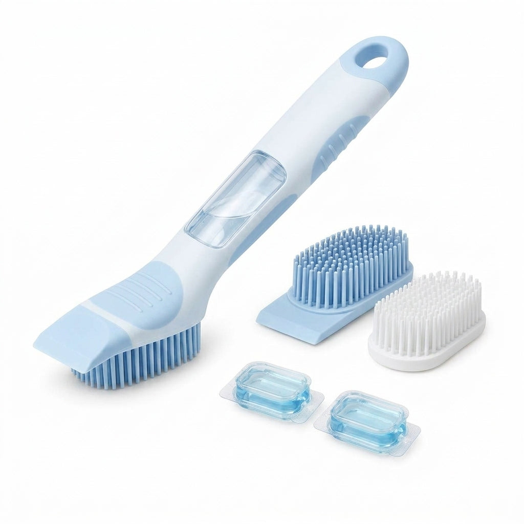 EbnznSm™ Refillable Silicone Dish Brush with Soap Dispenser, Non-Scratch Scraper Edge, Replaceable Brush Heads, Easy-Grip Kitchen Scrub Brush for Dishes, Glass, Sink, Countertops & Cookware