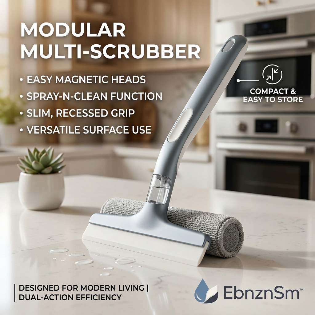 EbnznSm™ Modular Multi-Scrubber with Spray-N-Clean Function, Magnetic Interchangeable Cleaning Heads, Slim Recessed Grip, Compact Multi-Surface Scrub Brush for Kitchen, Bathroom, Tile, Countertops, Glass & Everyday Home Cleaning