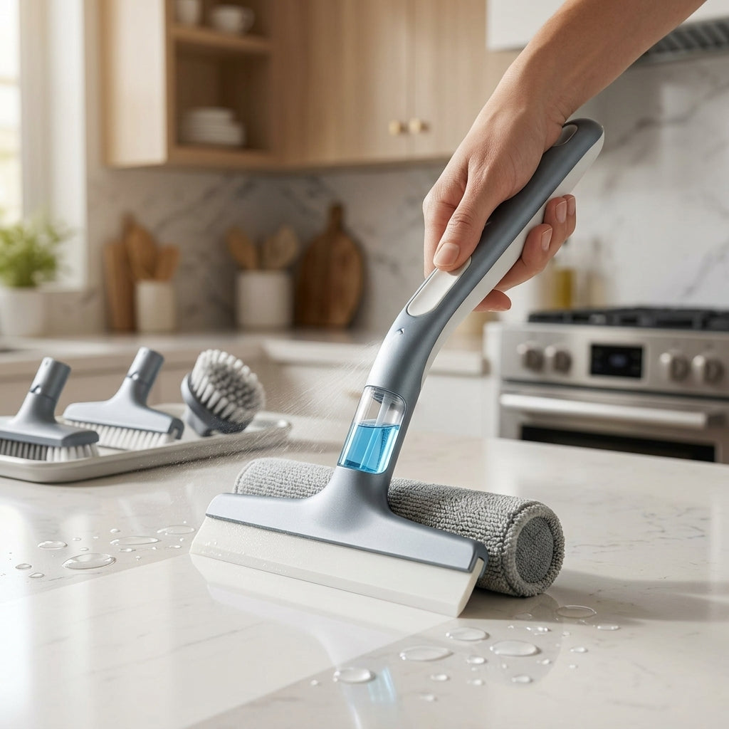 EbnznSm™ Modular Multi-Scrubber with Spray-N-Clean Function, Magnetic Interchangeable Cleaning Heads, Slim Recessed Grip, Compact Multi-Surface Scrub Brush for Kitchen, Bathroom, Tile, Countertops, Glass & Everyday Home Cleaning