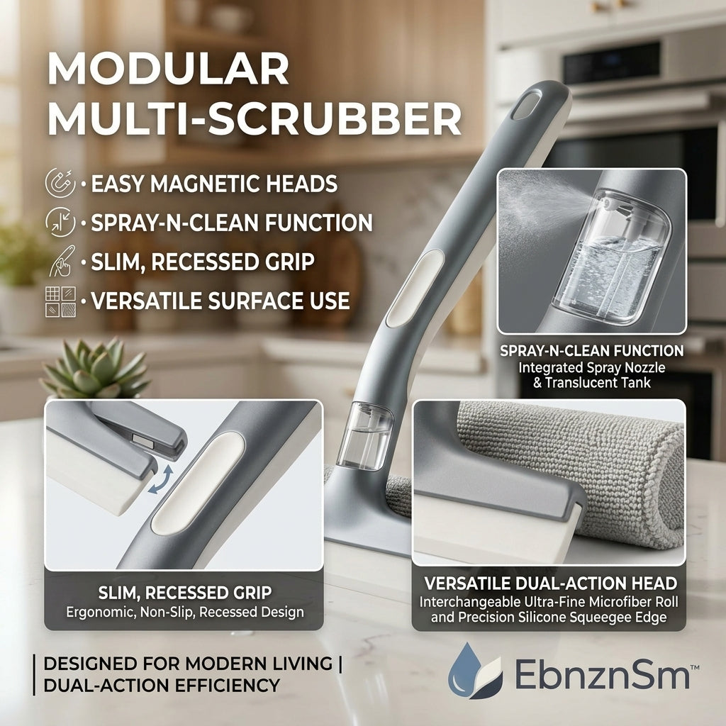 EbnznSm™ Modular Multi-Scrubber with Spray-N-Clean Function, Magnetic Interchangeable Cleaning Heads, Slim Recessed Grip, Compact Multi-Surface Scrub Brush for Kitchen, Bathroom, Tile, Countertops, Glass & Everyday Home Cleaning