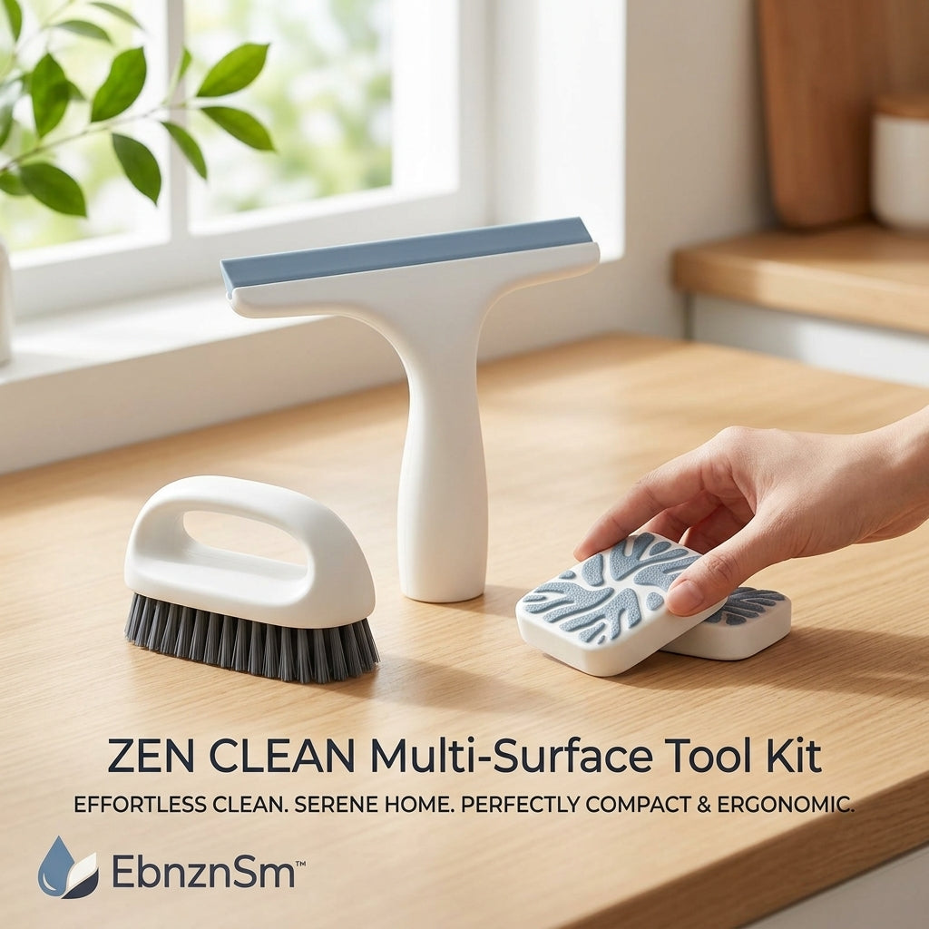 EbnznSm™ Zen Clean Multi-Surface Tool Kit, Compact Window Squeegee, Scrub Brush & Cleaning Sponge Pads for Kitchen, Bathroom, Shower Glass, Countertops, Tile, Sink, Mirror & Home Surfaces