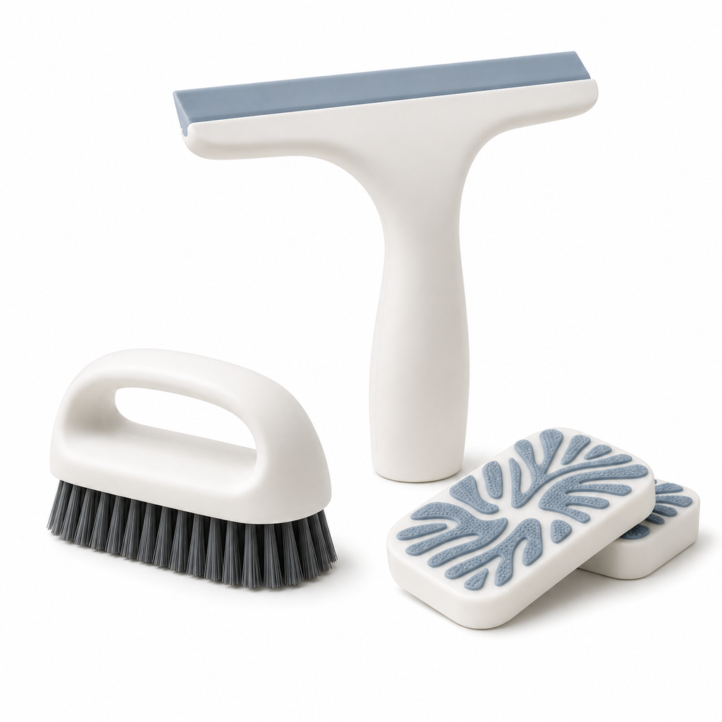EbnznSm™ Zen Clean Multi-Surface Tool Kit, Compact Window Squeegee, Scrub Brush & Cleaning Sponge Pads for Kitchen, Bathroom, Shower Glass, Countertops, Tile, Sink, Mirror & Home Surfaces