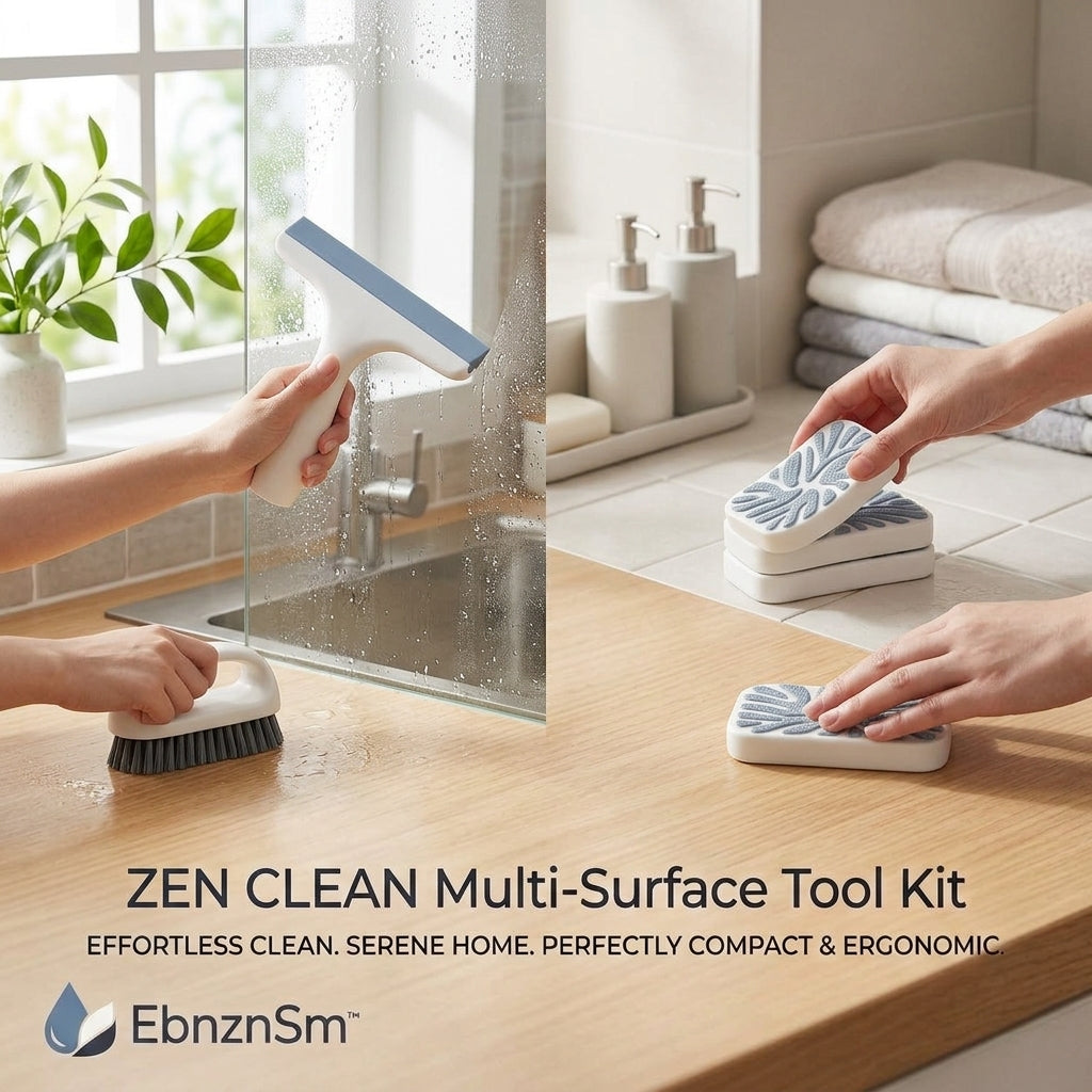 EbnznSm™ Zen Clean Multi-Surface Tool Kit, Compact Window Squeegee, Scrub Brush & Cleaning Sponge Pads for Kitchen, Bathroom, Shower Glass, Countertops, Tile, Sink, Mirror & Home Surfaces