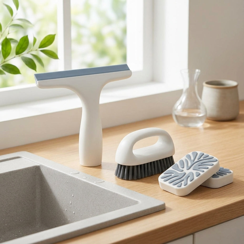 EbnznSm™ Zen Clean Multi-Surface Tool Kit, Compact Window Squeegee, Scrub Brush & Cleaning Sponge Pads for Kitchen, Bathroom, Shower Glass, Countertops, Tile, Sink, Mirror & Home Surfaces