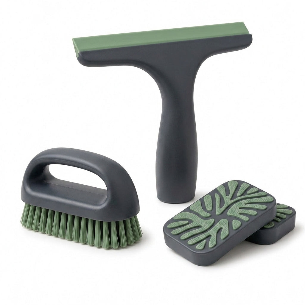 EbnznSm™ Zen Clean Multi-Surface Tool Kit, Compact Window Squeegee, Scrub Brush & Cleaning Sponge Pads for Kitchen, Bathroom, Shower Glass, Countertops, Tile, Sink, Mirror & Home Surfaces