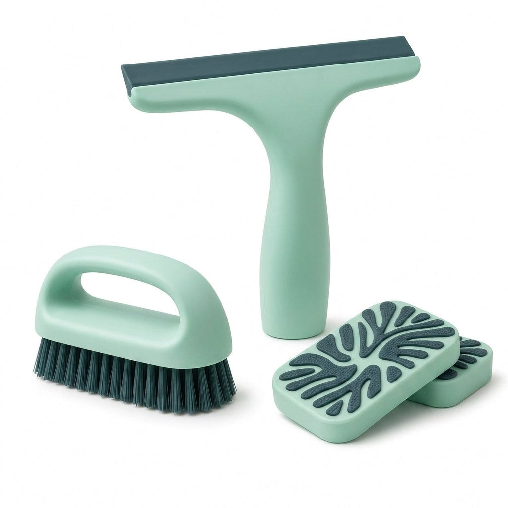 EbnznSm™ Zen Clean Multi-Surface Tool Kit, Compact Window Squeegee, Scrub Brush & Cleaning Sponge Pads for Kitchen, Bathroom, Shower Glass, Countertops, Tile, Sink, Mirror & Home Surfaces