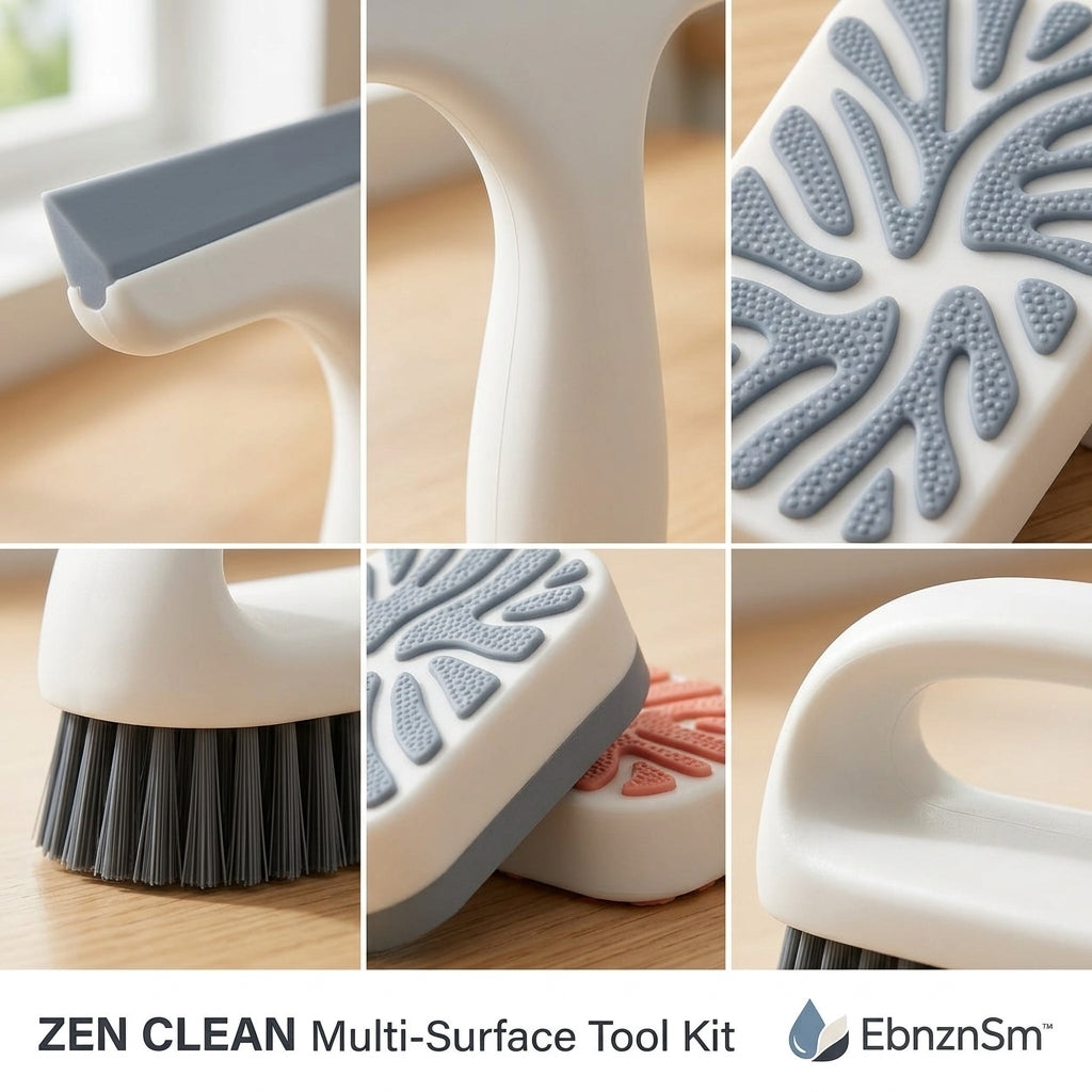 EbnznSm™ Zen Clean Multi-Surface Tool Kit, Compact Window Squeegee, Scrub Brush & Cleaning Sponge Pads for Kitchen, Bathroom, Shower Glass, Countertops, Tile, Sink, Mirror & Home Surfaces